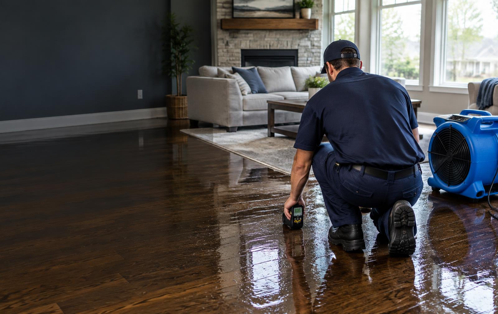 Restoration technician with a moisture meter in a restored, dry living room
