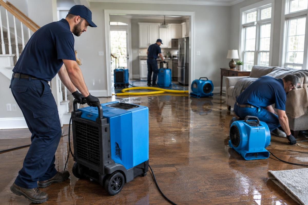 Restoration crew documenting and drying a water-damaged property